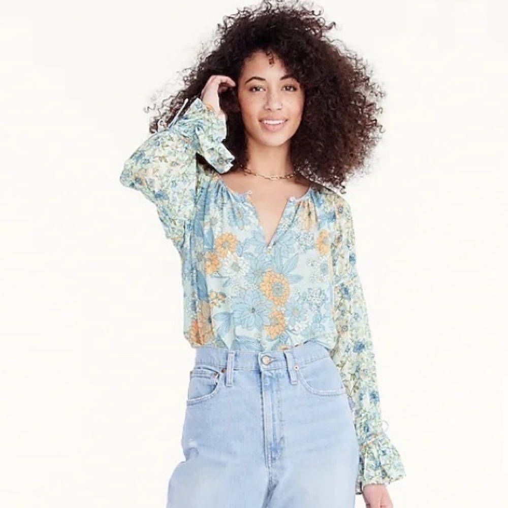 J. Crew Blue Floral Chiffon Long Sleeve‎ Blouse Size M